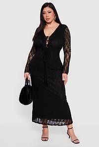 Plus Long Sleeve Lace Maxi Dress with Tie Front
