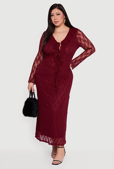 Plus Long Sleeve Lace Maxi Dress with Tie Front