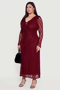 Plus Long Sleeve Lace Maxi Dress with Tie Front