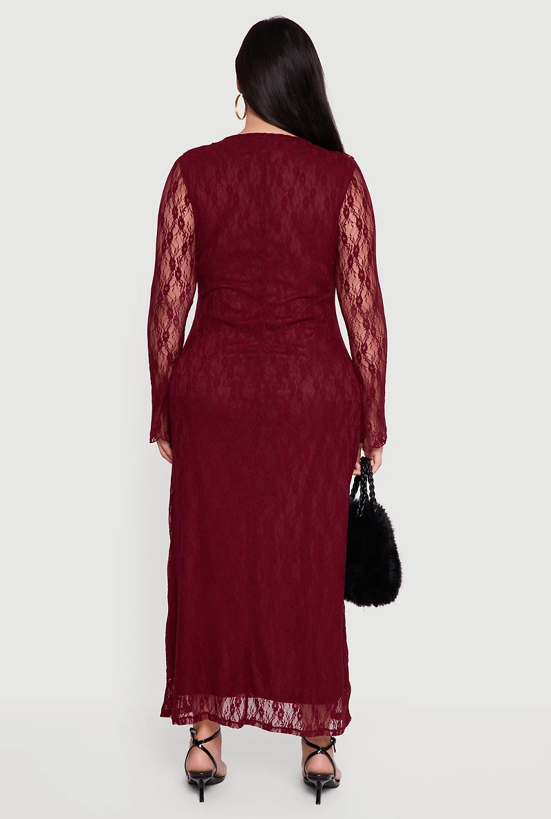 Plus Long Sleeve Lace Maxi Dress with Tie Front