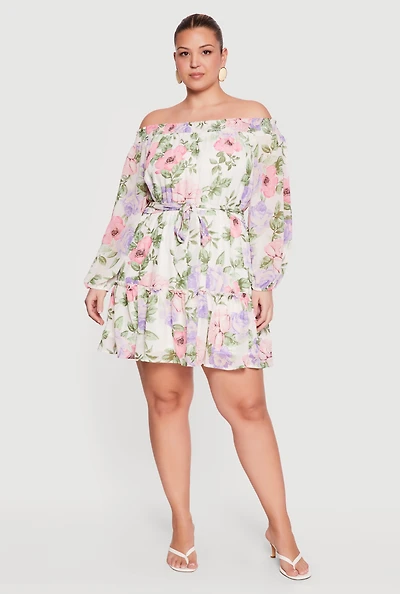 Plus Floral Off The Shoulder Mini Dress with Tie Waist Belt