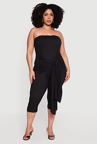Plus Side Ruched Tie Front Sleeveless Jumpsuit