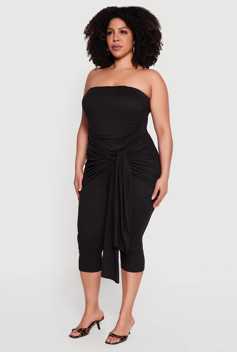 Plus Side Ruched Tie Front Sleeveless Jumpsuit