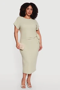 Plus Short Sleeve Midi Dress with Side Tie Detail