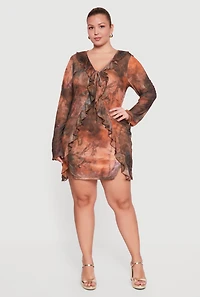 Plus Tie Dye Mesh Front Ruffle Trim Mini Dress