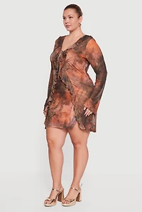 Plus Tie Dye Mesh Front Ruffle Trim Mini Dress