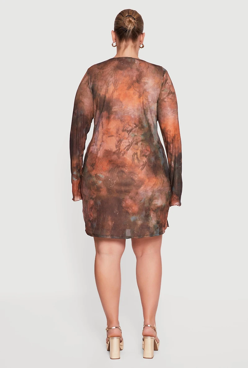 Plus Tie Dye Mesh Front Ruffle Trim Mini Dress