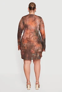 Plus Tie Dye Mesh Front Ruffle Trim Mini Dress