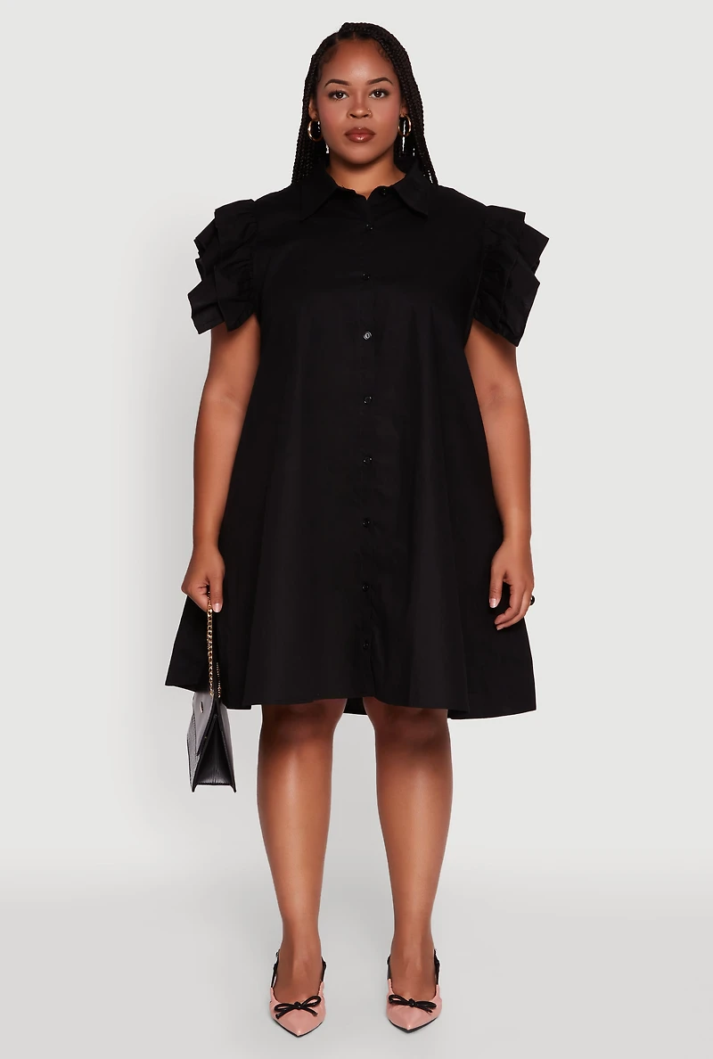 Womens Plus Size Poplin Flutter Sleeve Button Front Shirt Dress, Black, Size 1X