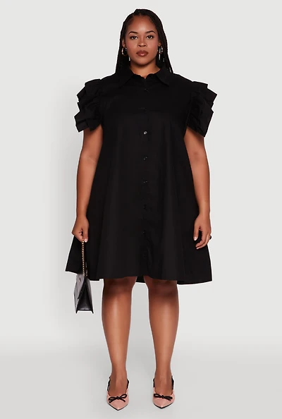 Womens Plus Size Poplin Flutter Sleeve Button Front Shirt Dress, Black, Size 1X