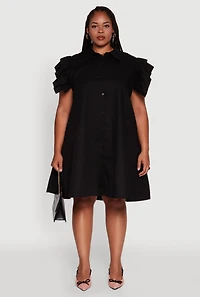 Womens Plus Size Poplin Flutter Sleeve Button Front Shirt Dress, Black, Size 1X