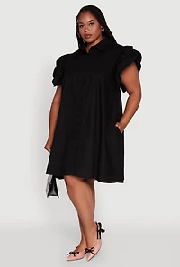 Womens Plus Size Poplin Flutter Sleeve Button Front Shirt Dress, Black, Size 1X
