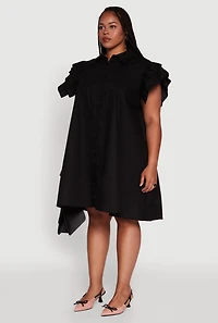 Womens Plus Size Poplin Flutter Sleeve Button Front Shirt Dress, Black, Size 1X