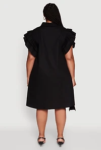 Womens Plus Size Poplin Flutter Sleeve Button Front Shirt Dress, Black, Size 1X