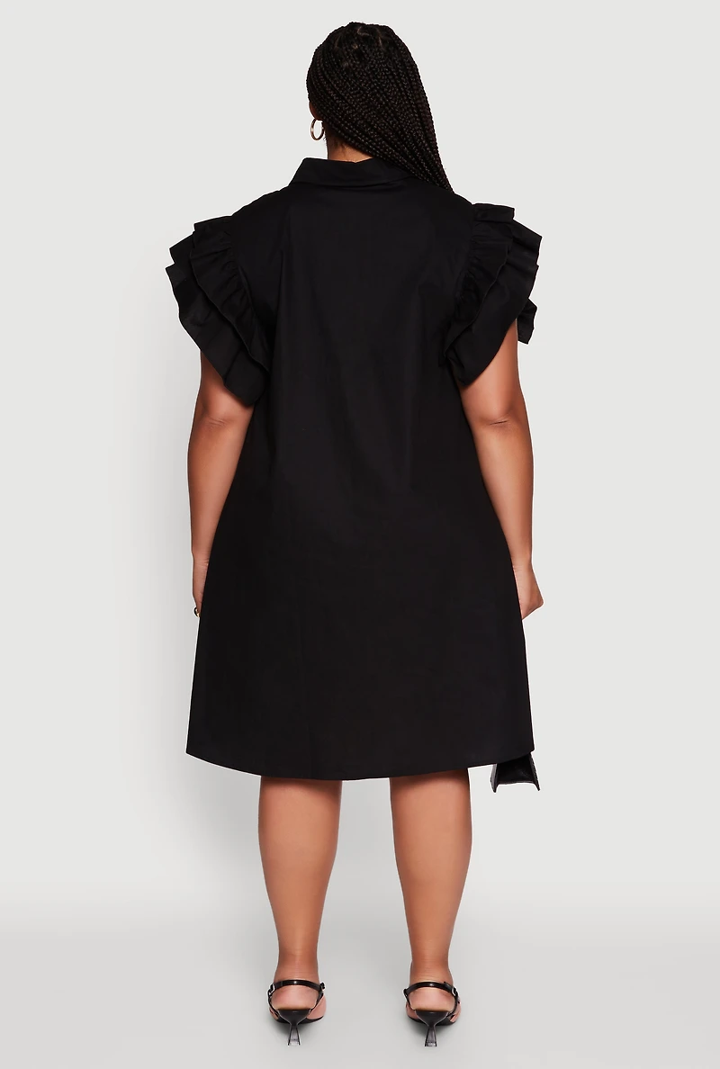 Womens Plus Size Poplin Flutter Sleeve Button Front Shirt Dress, Black, Size 2X