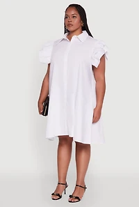Womens Plus Size Poplin Flutter Sleeve Button Front Shirt Dress, White, Size 1X