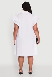 Womens Plus Size Poplin Flutter Sleeve Button Front Shirt Dress, White, Size 1X