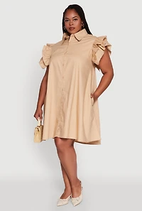 Plus Poplin Flutter Sleeve Button Front Shirt Dress