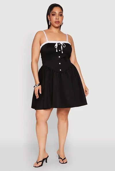 Womens Plus Contrast Trim Corset Skater Dress,
