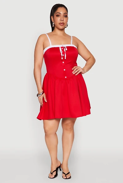 Womens Plus Size Contrast Trim Corset Skater Dress, Red, Size 2X