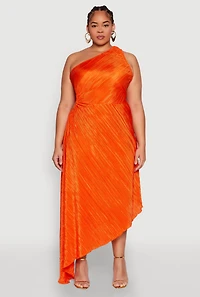 Plus Plisse Asymmetrical One Shoulder Dress