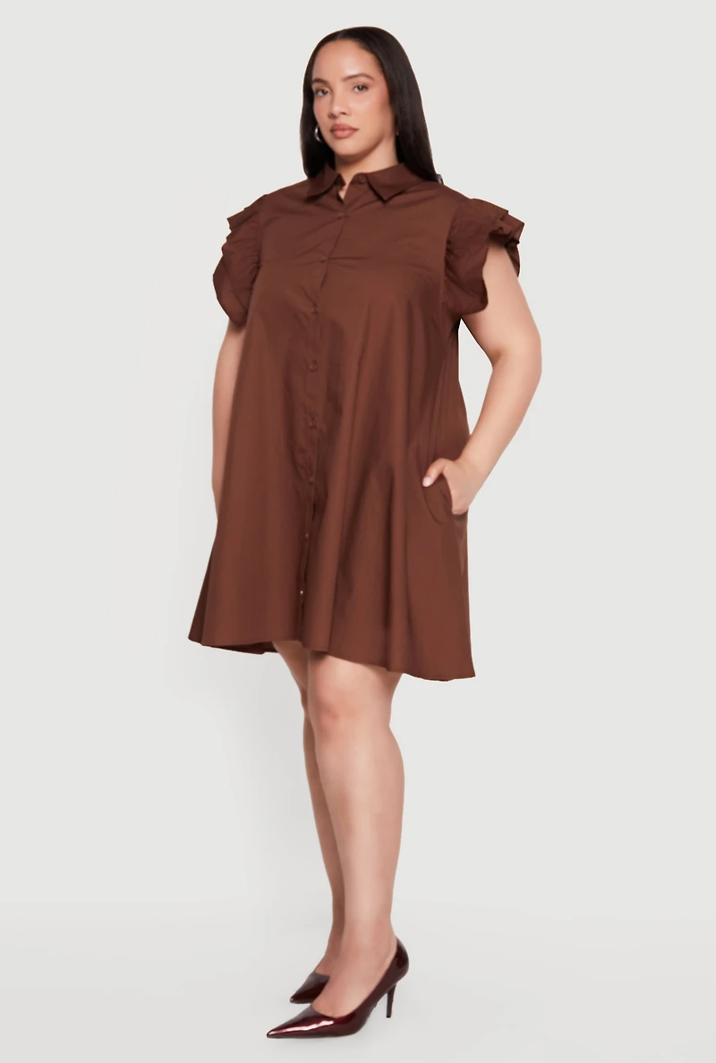 Plus Poplin Ruffle Sleeve Midi Shirt Dress