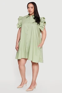 Plus Poplin Ruffle Sleeve Midi Shirt Dress