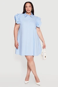 Plus Poplin Ruffle Sleeve Midi Shirt Dress