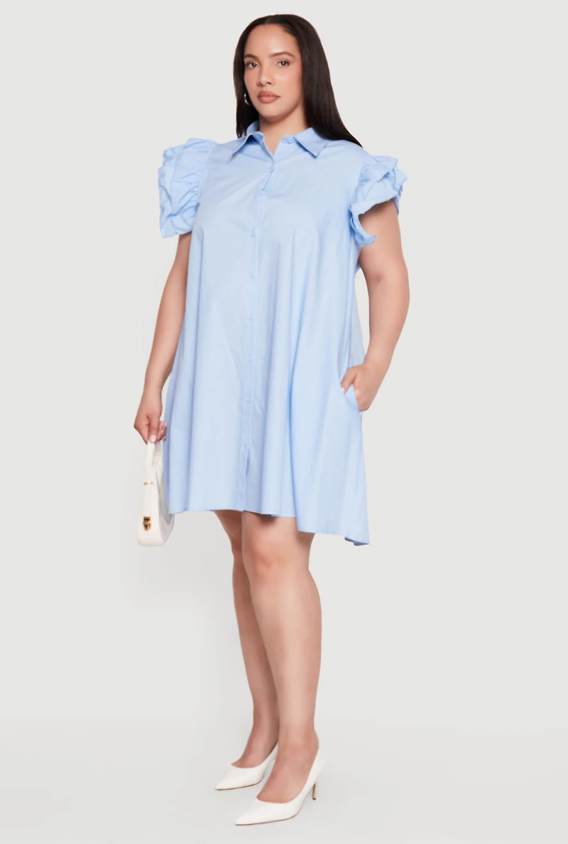 Plus Poplin Ruffle Sleeve Midi Shirt Dress
