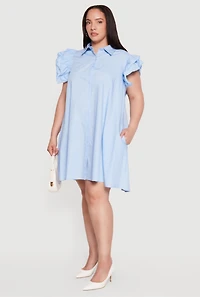 Plus Poplin Ruffle Sleeve Midi Shirt Dress