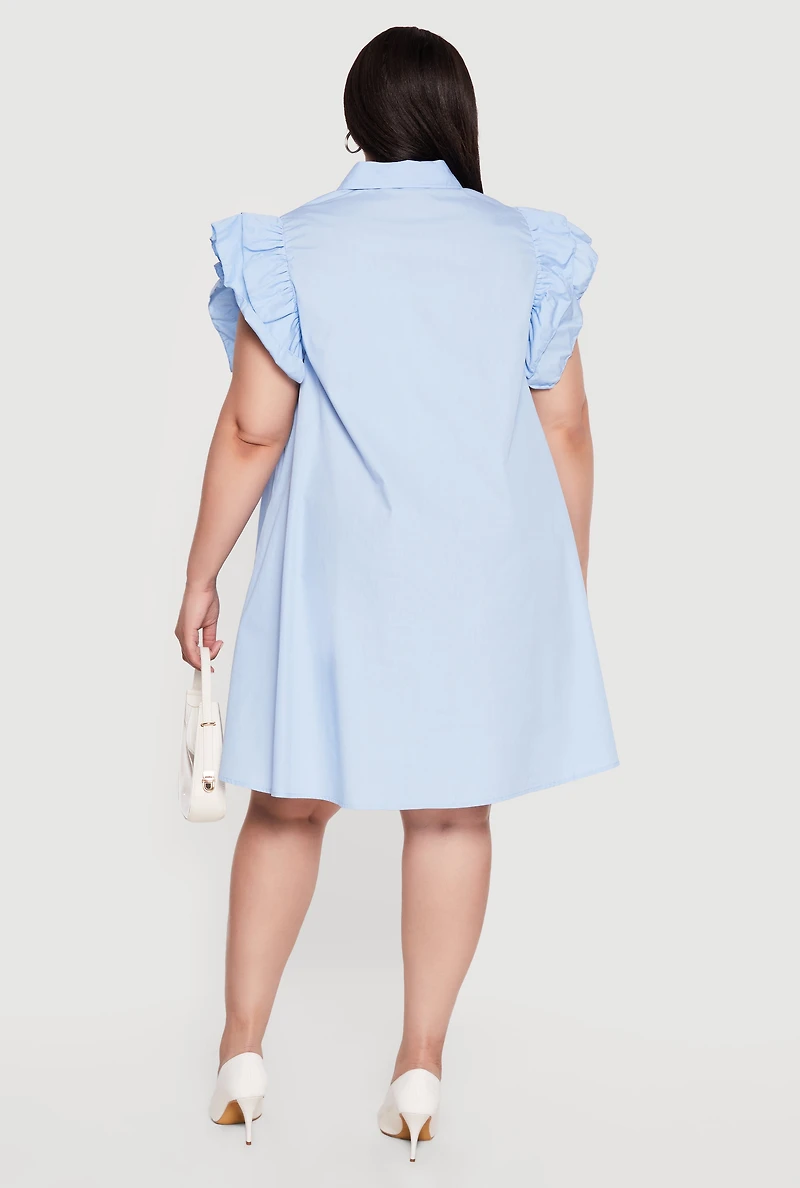 Plus Poplin Ruffle Sleeve Midi Shirt Dress