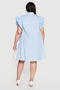 Plus Poplin Ruffle Sleeve Midi Shirt Dress