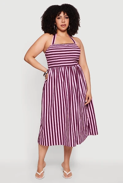 Plus Striped Poplin Halter Midi Dress