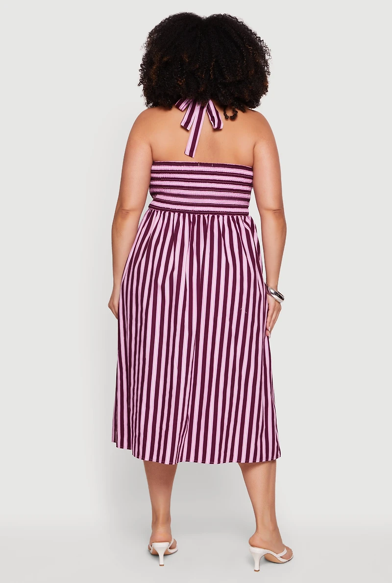 Plus Striped Poplin Halter Midi Dress