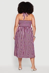 Plus Striped Poplin Halter Midi Dress