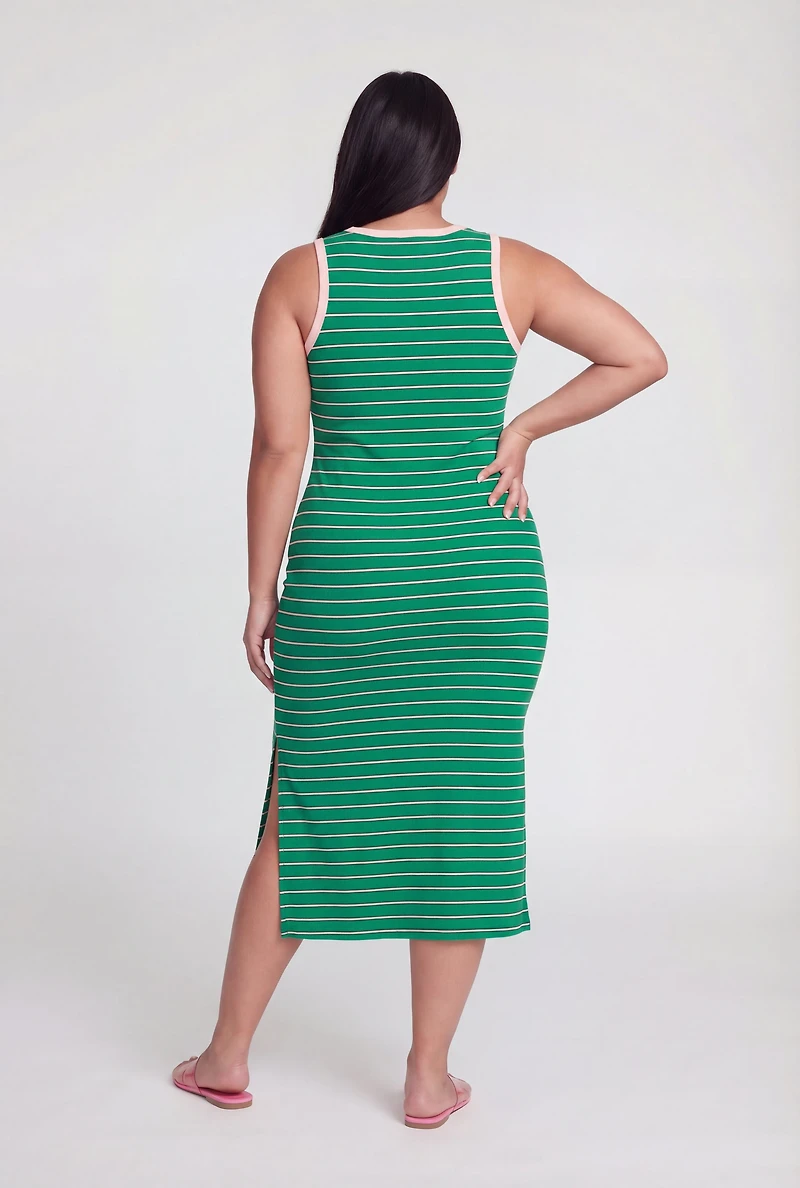 Plus Side Slit Striped Tank Midi Dress