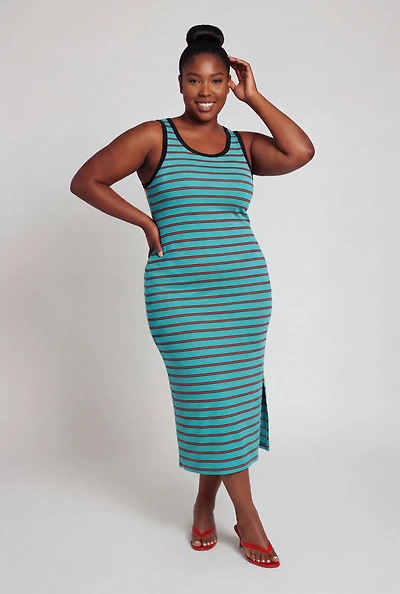 Plus Side Slit Striped Tank Midi Dress