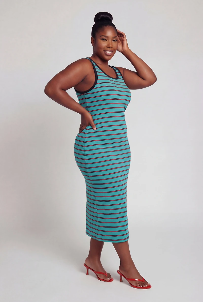 Plus Side Slit Striped Tank Midi Dress