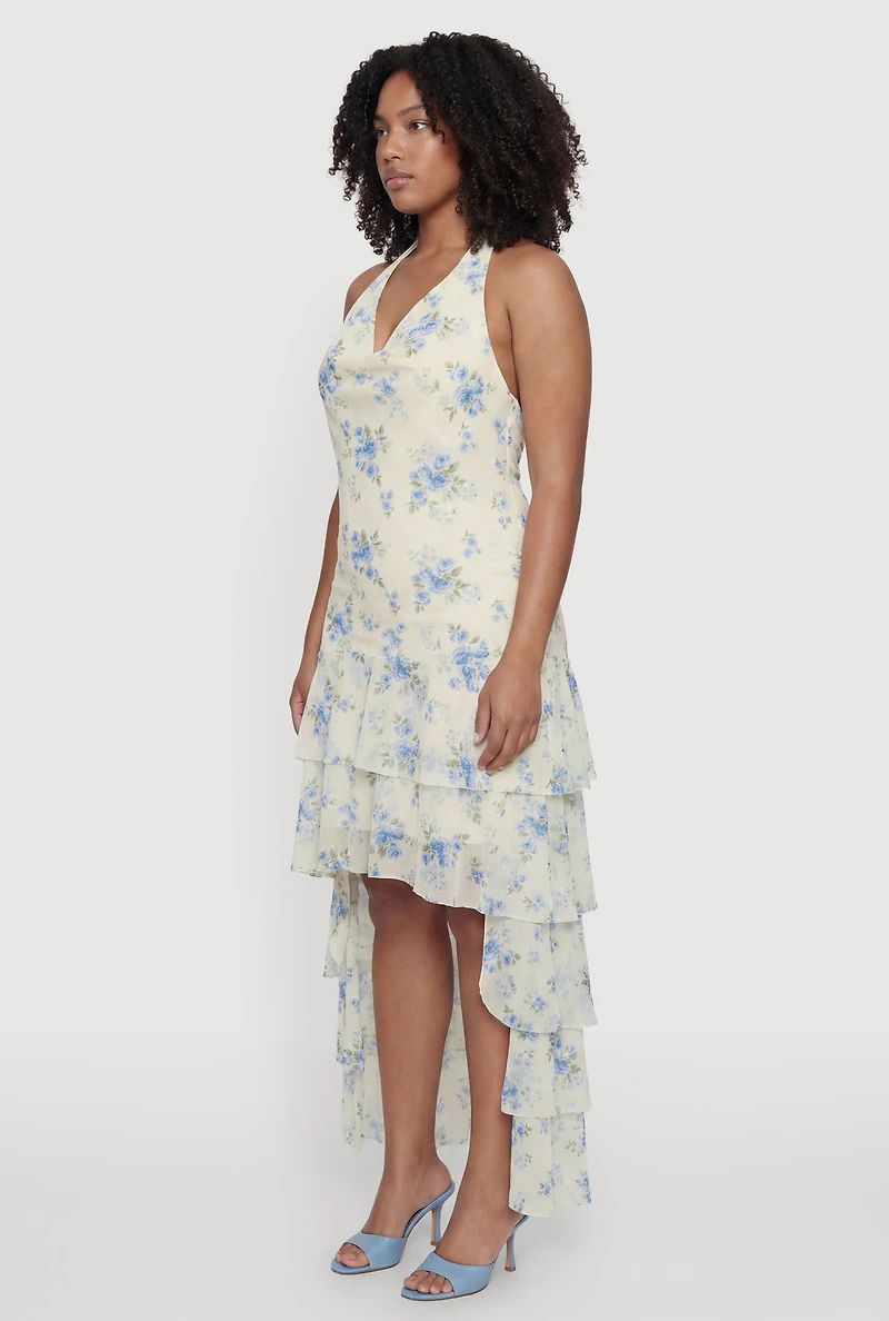 Plus Floral Ruffle Tiered High Low Dress