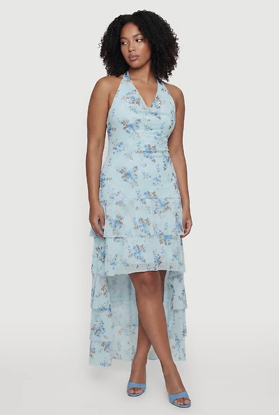Plus Floral Ruffle Tiered High Low Dress