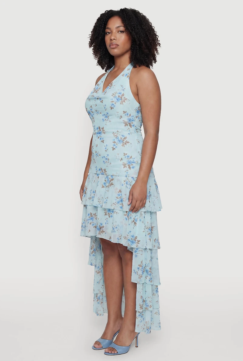 Plus Floral Ruffle Tiered High Low Dress