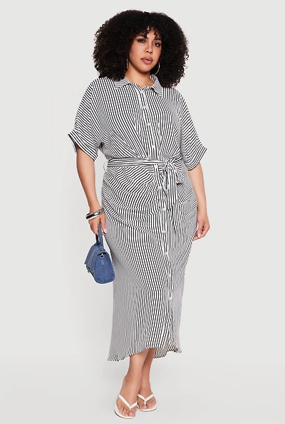 Plus Striped Tie Waist Shirt Dress