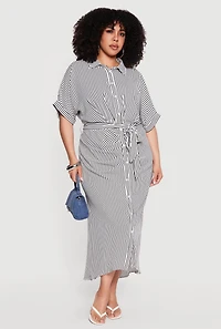 Plus Striped Tie Waist Shirt Dress