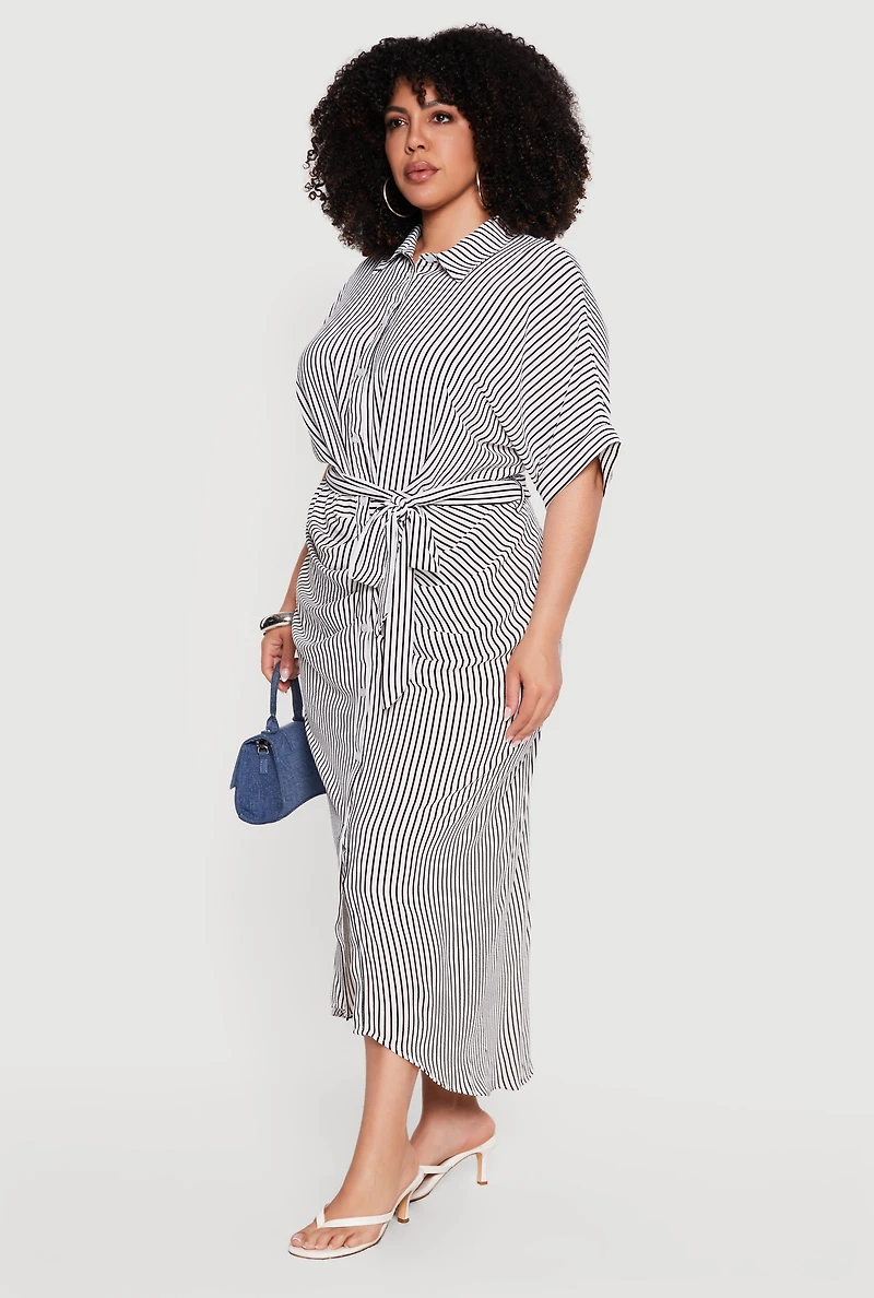 Plus Striped Tie Waist Shirt Dress