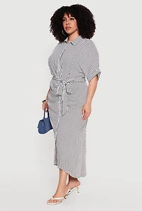 Plus Striped Tie Waist Shirt Dress