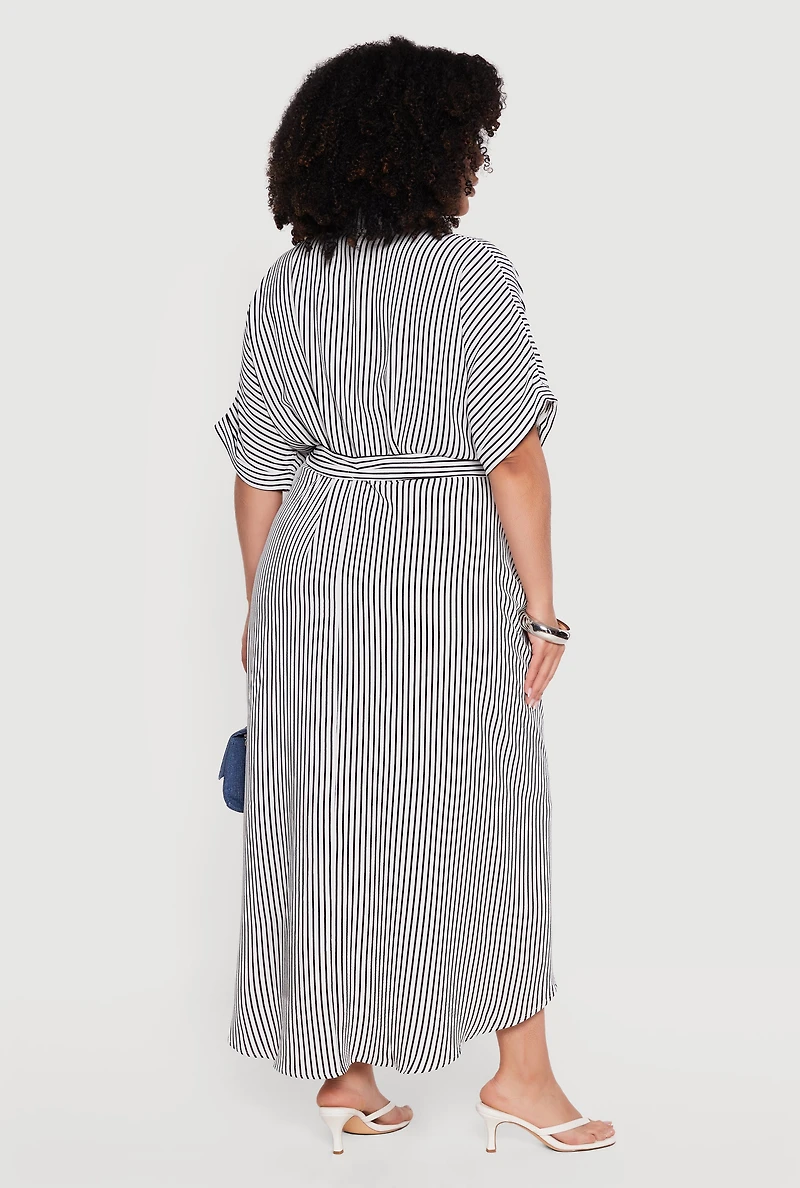 Plus Striped Tie Waist Shirt Dress