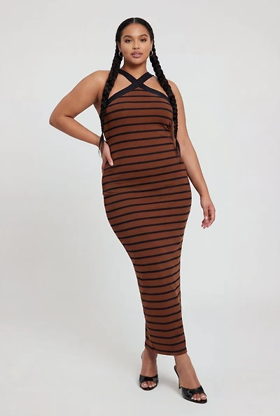 Plus Criss Cross Neckline Striped Maxi Dress