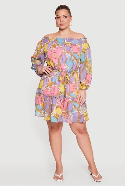 Plus Baroque Print Off The Shoulder Dress with Tie Waist Belt