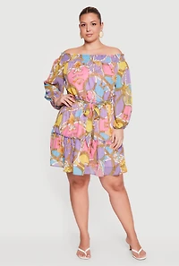 Plus Baroque Print Off The Shoulder Dress with Tie Waist Belt