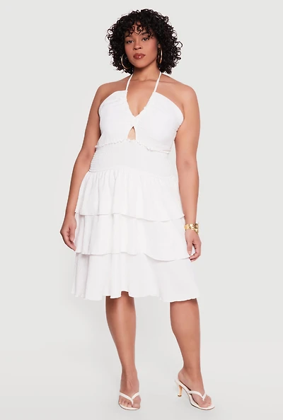 Plus Tiered Ruffle Smocked Halter Mini Dress